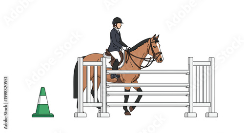 A rider on a brown horse performs a jump over a steel hurdle in a clean, minimalist studio setting with a soft, neutral off-white background and warm lighting.