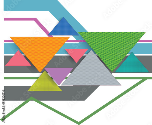Abstract geometric background with colorful layered triangles and diagonal lines featuring vibrant orange blue green and pink shapes textured with dots and grids on gray foundation.