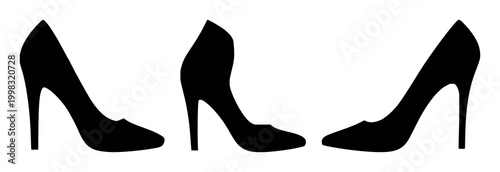 High heel shoe set with black silhouette on white background featuring fashion, footwear, women's shoe with elegance and chic