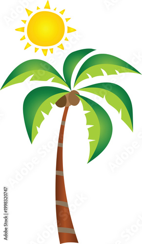Tropical island palm tree illustration with bright yellow sun shining above lush green leaves and brown coconuts on striped trunk isolated on white background for travel and vacation.