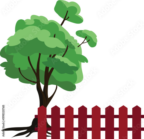 Illustration showing green leafy tree and red wooden fence vector art with no people no text and copy space.
