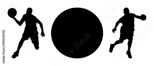 Basketball set with black silhouette of a dynamic basketball on crisp white background featuring sports, game, recreation with ball and hoop
