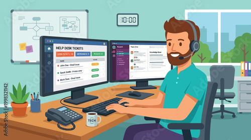 Man working at office desk with computer.