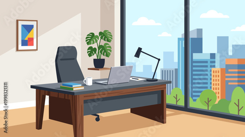 Modern office interior with city view.