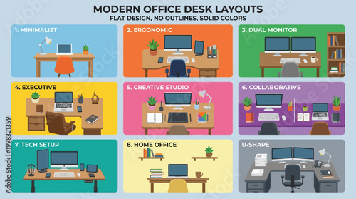 Modern office desk layouts infographic template.