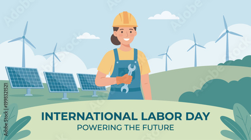 Renewable energy technician with wind turbines for Labor Day concept