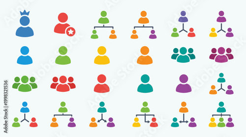 A colorful set of people icons and teamwork symbols for business and social concepts.