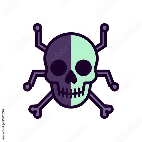 Cyber skull icon with crossbones tech circuit lines on white background, digital security threat