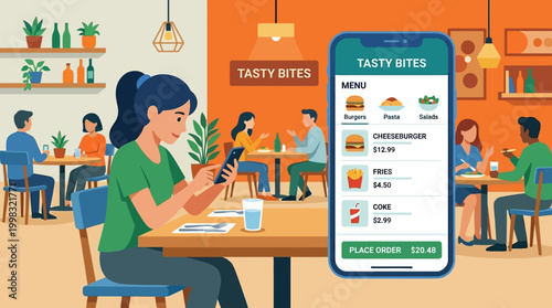 Woman using food delivery app on phone in restaurant.