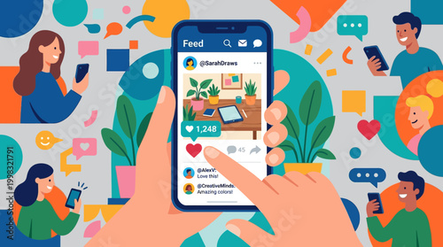 People interacting with social media on smartphones.