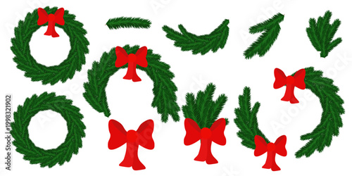 Vector flat illustration set of Christmas wreaths and evergreen pine branches