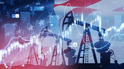 Oil pump silhouettes with financial charts over a USA flag in an abstract style.