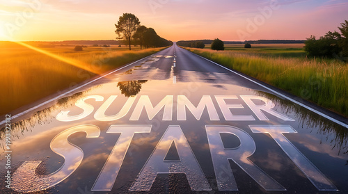 Summer start with a road and reflected letters in a peaceful sunset landscape.