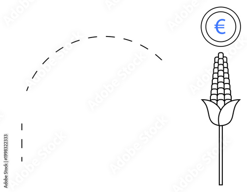 Agriculture, economy, farming, sustainability, crop value, financial economics. Outline of corn plant and euro currency symbol in minimalistic design. Agriculture and economy concept