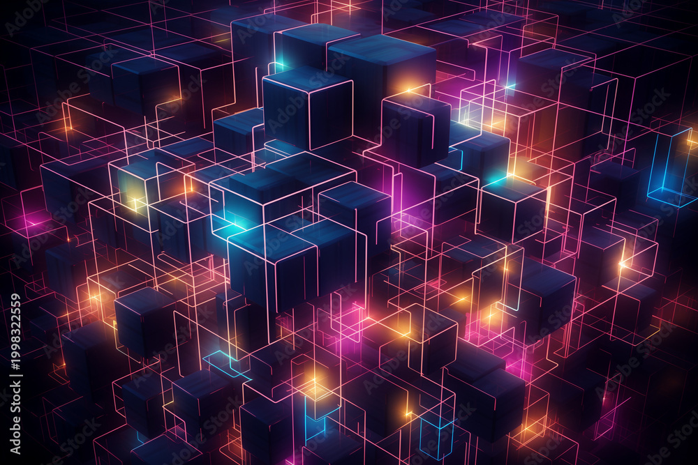 Obraz premium Abstract neon lights in a dark digital landscape with glowing cubes and lines