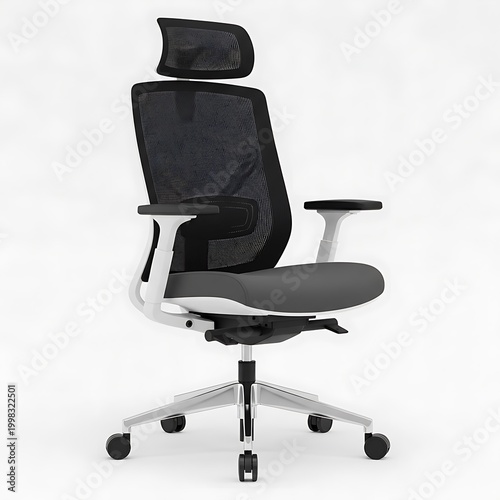Modern office chair with adjustable headrest and mesh back