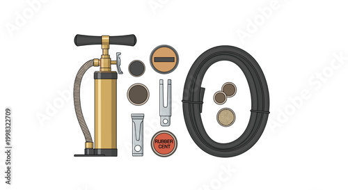 A gold manual air pump rests alongside assorted rubber repair patches and industrial connection components on a clean neutral background with soft studio lighting.