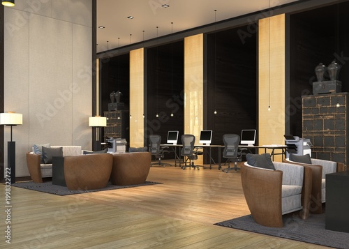 Luxurious 3D corporate office interior. Modern workspace with lounge seating and computer desks
