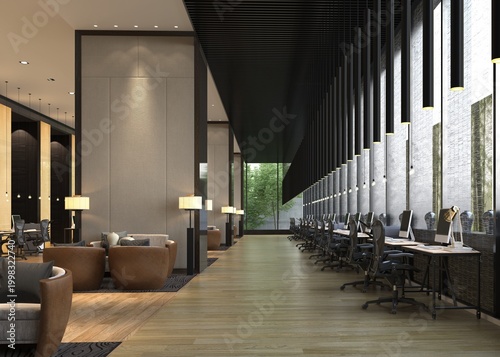 3D rendering of a spacious modern office interior. Coworking space with desks and seating area