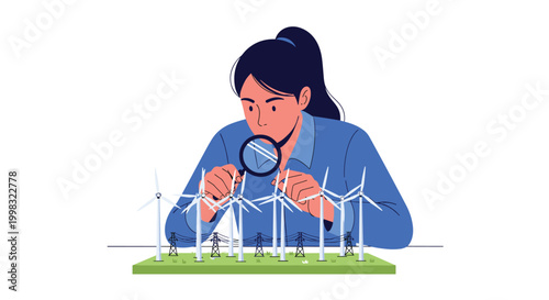 A professional woman observes a miniature wind farm model using a magnifying glass while working at a desk in a clean office environment with a grey color motif.