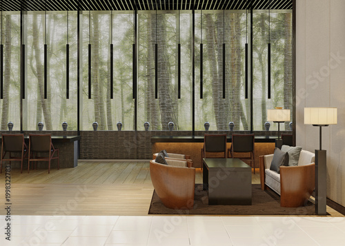 Modern luxury lounge interior with forest view. 3D illustration of a contemporary lobby