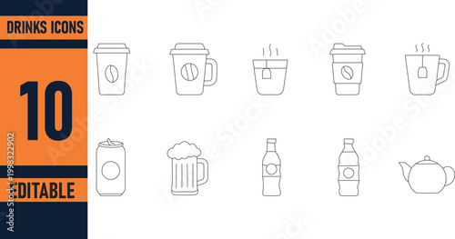Drinks Icons Set Editable Beverage Line Symbols