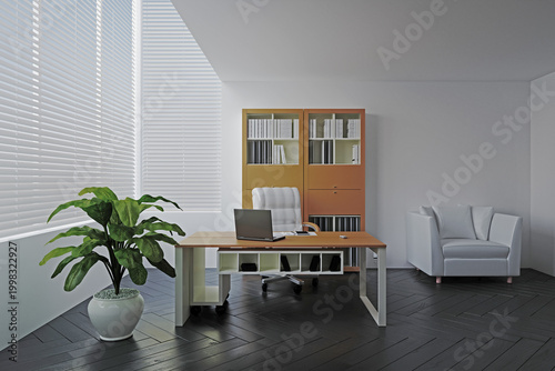 3D illustration of a modern private office interior. Executive workspace with desk and laptop