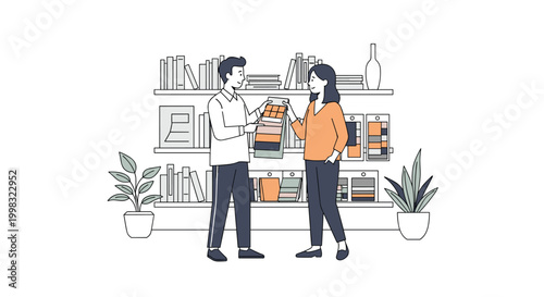 A professional man and woman stand in a library setting while examining a multi-colored fabric swatch book during a collaborative interior design consultation.