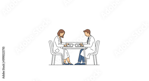 Two researchers in white lab coats sit at a small square table analyzing documents in a sparse white environment with soft neutral tones and clean lines.