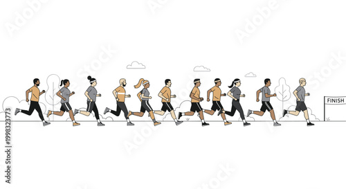 A group of diverse cartoon people wearing headbands run in a line towards a finish line on a plain white background in a simplistic flat vector illustration style.