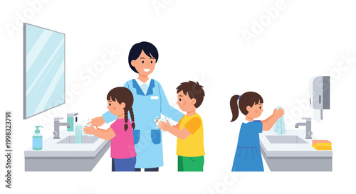 A female teacher in a blue uniform assists three young students washing their hands at modern bathroom sinks against a white background.