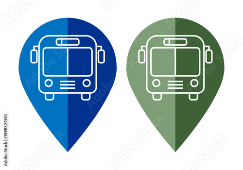 Iconos de ubicación con silueta de autobús en colores azul y verde