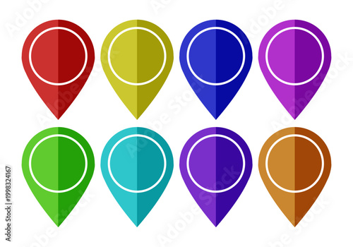 Colección de marcadores de ubicación coloridos con efecto de sombra y círculo central