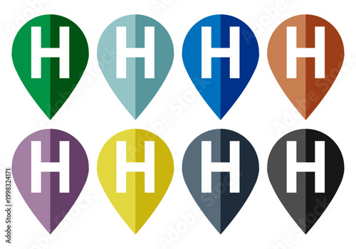 Foto Conjunto de iconos de ubicación con la letra h en diferentes colores para señali
