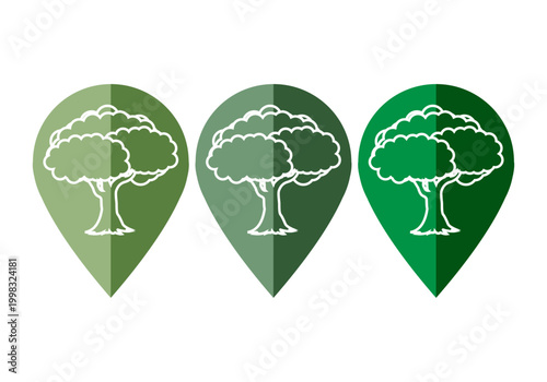 Marcadores de ubicación en diferentes tonos de verde con la silueta de un árbol en el centro