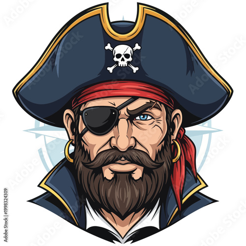 Tableau sur toile Pirate Captain Portrait, Bearded Man with Eyepatch and Tricorne Hat, Skull and C
