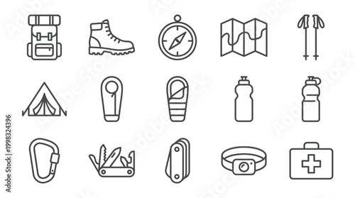 Outdoors and hiking icons vector set of camping equipment and supplies
