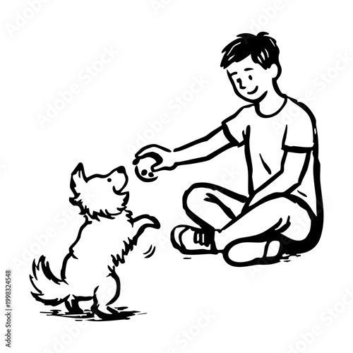Man Playing Fetch with Dog Illustration, Pet Training Line Art Clipart
