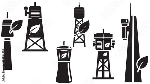 Collection Of Industrial Oil Refinery Towers With Leaf Icons Isolated On Transparent Background