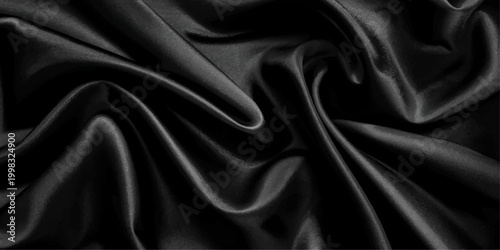 Deep Black Silk Fabric with Luxurious Soft Folds and Subtle Texture, Elegant Black Satin Waves Blending with Rich Gray Silk Layers, Abstract Background for Premium Design and Luxury Branding