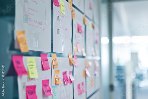 Sticky notes and sketches are attached to a glass wall, representing project management and brainstorming in a modern office