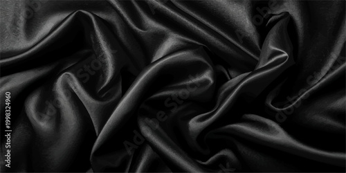 Abstract Background of Elegant Black Satin Silk with Smooth Waves and Subtle Texture, Combined with Luxurious Gray Silk Fabric Featuring Rich Soft Folds and Premium Visual Appeal