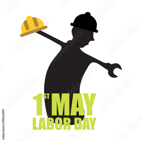 Labor day silhouette a worker's symbol with '1st may' text overlay