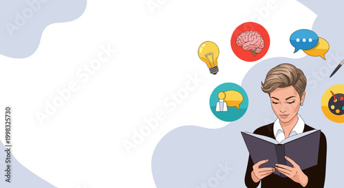 Professional woman reading a book with creative thought icons for a learning and knowledge acquisition concept and skill development
