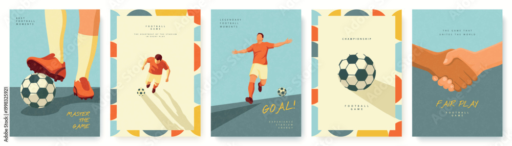 Fototapeta premium Set of football and soccer greeting cards and marketing templates in a modern flat style with grainy texture, featuring players in action, soccer ball, and fair play handshake, vector illustration.