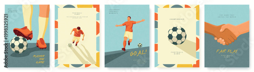 Set of football and soccer greeting cards and marketing templates in a modern flat style with grainy texture, featuring players in action, soccer ball, and fair play handshake, vector illustration.