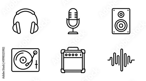 Audio icons headphones microphone speaker turntable amplifier sound wave