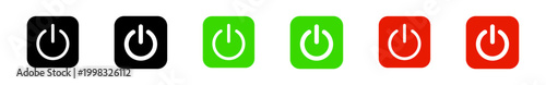 Outline power button on and off thin and thick glyphs in black, green, and red represent on and off states, symbolizing control and function, isolated on a white background for interface design.