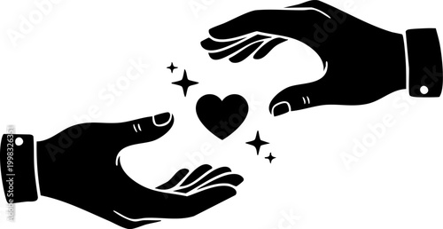 Two hands reaching towards heart with stars, symbol of love and connection.