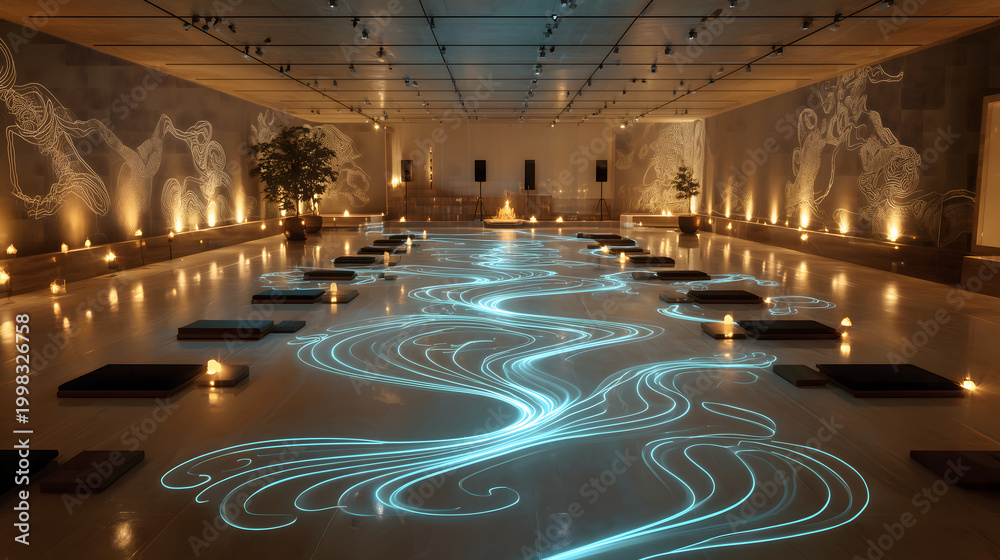 Obraz premium Immersive Yoga Studio with Flowing Blue Light Patterns and Abstract Human Wall Art